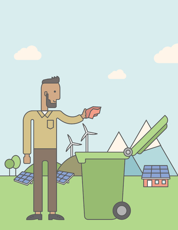 An african-american hipster man with beard puts a trash into a green bin. Vector line design illustration. Vertical poster layout with a text space.のイラスト素材