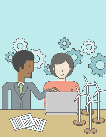 An african-american man and an asian woman watching the laptop screen, with wind turbine models and papers on the table. Vector line design illustration. Vertical layout with a text space for a social media post.のイラスト素材