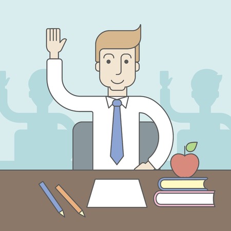 A caucasian pupil rising hand sitting at the table with books and apple on it. Vector line design illustration. Square layout.のイラスト素材