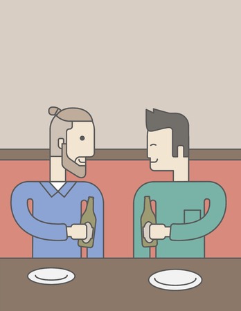Two men sitting in the bar drinking beer with empty plates on the table. Vector line design illustration. Vertical layout with a text space for a social media post.のイラスト素材