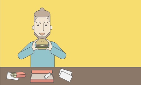 A happy caucasian man eating hamburger and french fries. Vector line design illustration. Horizontal layout with a text space for a social media post.のイラスト素材