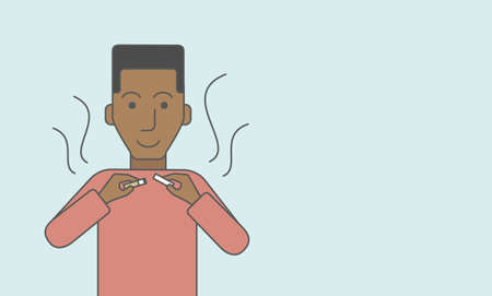 An african-american man breaking the cigarette. Vector line design illustration. Horizontal layout with a text space for a social media post.のイラスト素材