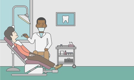 An african-american dentist man examines a patient teeth in the clinic. Vector line design illustration. Horizontal layout with a text space for a social media post.のイラスト素材