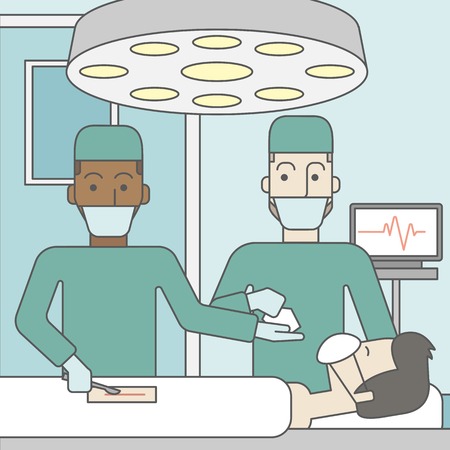 Two surgeons working and looking over a lying patient in an operating room. Vector line design illustration. Square layout.のイラスト素材
