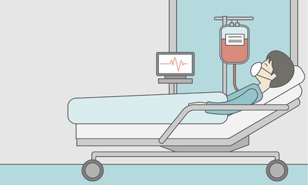 An asian patient lying in hospital bed with heart rate monitor and drop counetr. Vector line design illustration. Horizontal layout with a text space for a social media post.のイラスト素材