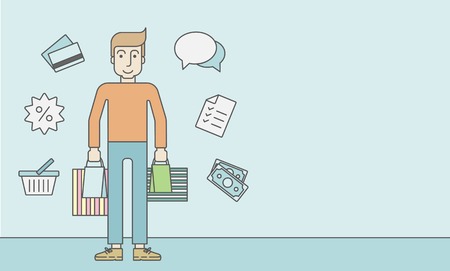 A caucasian customer carrying bags and some icons around him on blue background. Vector line design illustration. Horizontal layout with a text space for a social media post.のイラスト素材