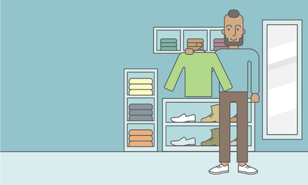 An african-american man holding a sweater in hand in the store.  Vector line design illustration. Horizontal layout with a text space for a social media post.のイラスト素材