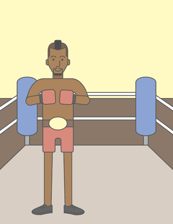 Single an african-american boxer in gloves standing in the ring. Vector line design illustration. Vertical layout with a text space for a social media post.のイラスト素材