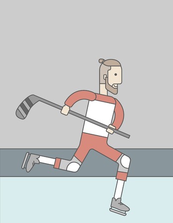 A caucasian hockey player with beard skating with a stick on the ice. Vector line design illustration. Vertical layout with a text space for a social media post.のイラスト素材