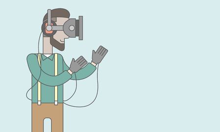 A caucasian hipster man with beard wearing a virtual relaity headset. Vector line design illustration. Horizontal layout with a text space for a social media post.のイラスト素材