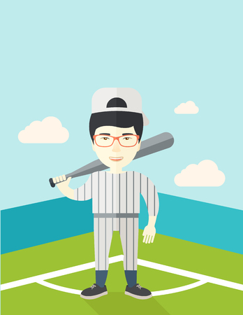 An asian baseball player standing with a bat in a field vector flat design illustration. Vertical poster layout with a text space.のイラスト素材