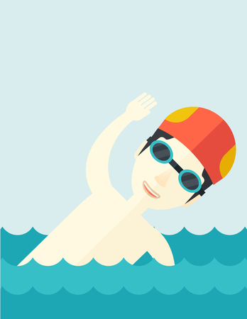 An asian swimmer wearing cap and glasses training in water vector flat design illustration. Vertical poster layout with a text space.のイラスト素材