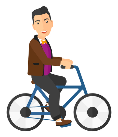 A caucasian man riding a bicycle vector flat design illustration isolated on white background. Square layout.のイラスト素材