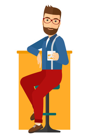 A hipster man with the beard sitting near the bar counter vector flat design illustration isolated on white background. Vertical layout.のイラスト素材