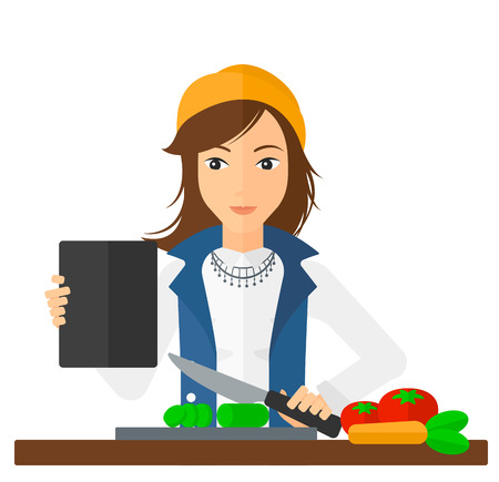 A woman holding a digital tablet and cutting vegetables on cutting board vector flat design illustration isolated on white background. Square layout.のイラスト素材