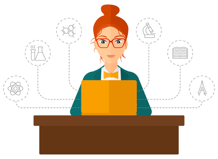 A woman sitting at the table and looking at the screen of laptop connected with icons of school sciences vector flat design illustration isolated on white background. Vertical layout.のイラスト素材