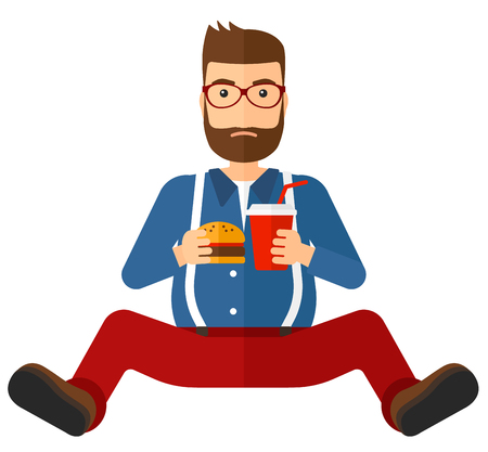 A fat man with the beard sitting on the floor while eating hamburger and drinking soda vector flat design illustration isolated on white background. Square layout.のイラスト素材