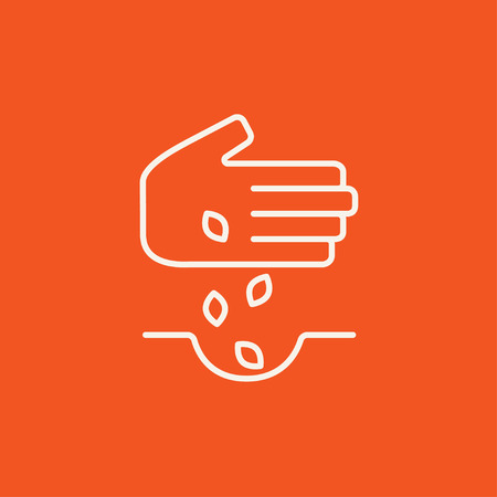 Hand planting seeds in the ground line icon for web, mobile and infographics. Vector white icon isolated on red background.のイラスト素材