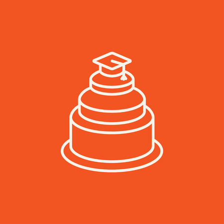 Graduation cap on the top of a cake line icon for web, mobile and infographics. Vector white icon isolated on red background.のイラスト素材