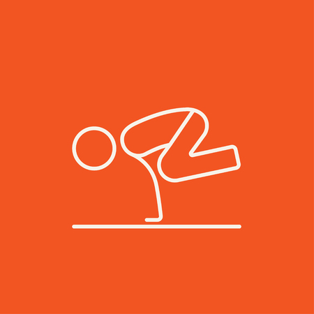 Man doing crane yoga pose line icon for web, mobile and infographics. Vector white icon isolated on red background.のイラスト素材