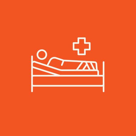 Patient lying on the bed line icon for web, mobile and infographics. Vector white icon isolated on red background.のイラスト素材