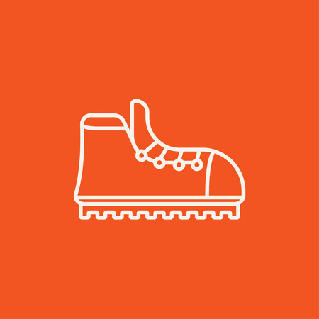 Hiking boot with crampons line icon for web, mobile and infographics. Vector white icon isolated on red background.のイラスト素材