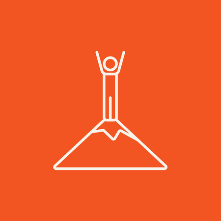 Man standing on the top of mountain line icon for web, mobile and infographics. Vector white icon isolated on red background.のイラスト素材