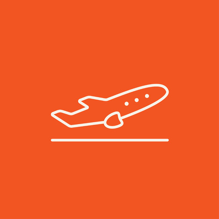 Plane taking off line icon for web, mobile and infographics. Vector white icon isolated on red background.のイラスト素材
