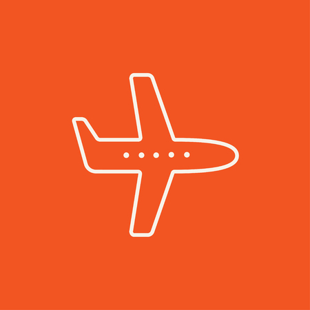 Flying airplane line icon for web, mobile and infographics. Vector white icon isolated on red background.のイラスト素材