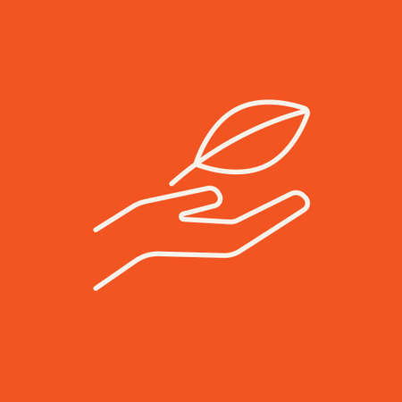 Hand holding a leaf line icon for web, mobile and infographics. Vector white icon isolated on red background.の写真素材