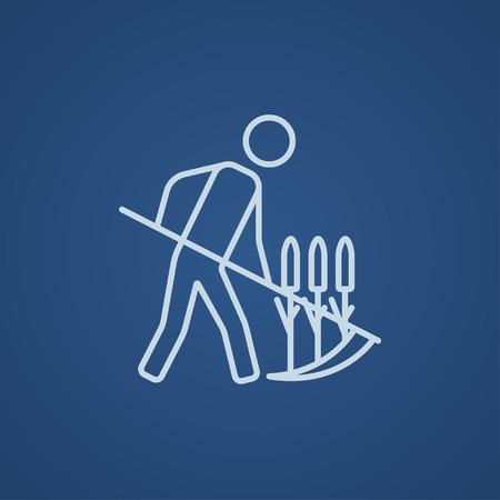 Man mowing grass with a scythe line icon for web, mobile and infographics. Vector light blue icon isolated on blue background.のイラスト素材