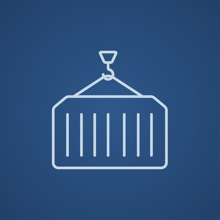 Container lifted by a crane line icon for web, mobile and infographics. Vector light blue icon isolated on blue background.のイラスト素材