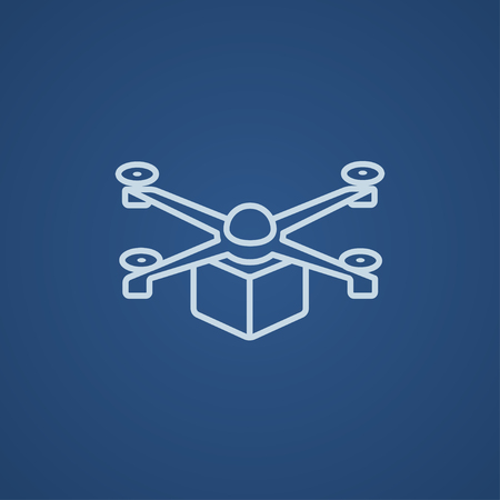 Drone delivering a package line icon for web, mobile and infographics. Vector light blue icon isolated on blue background.のイラスト素材