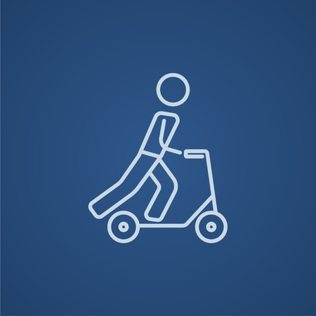 Man riding a kick scooter line icon for web, mobile and infographics. Vector light blue icon isolated on blue background.のイラスト素材