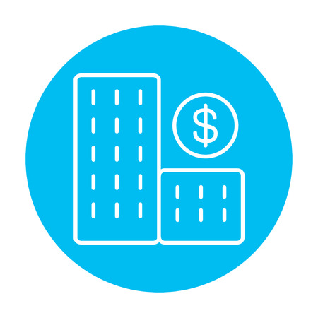 Condominium with dollar symbol line icon for web, mobile and infographics. Vector white icon on the light blue circle isolated on white background.のイラスト素材