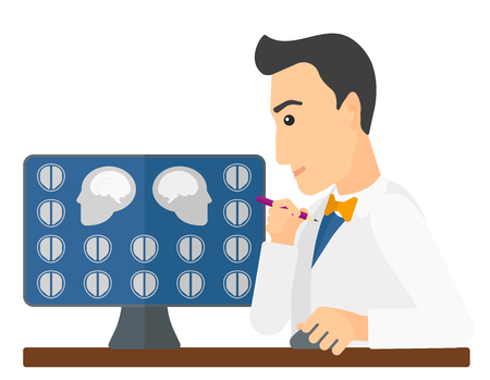 A doctor looking at results of MRI scan on a computer screen vector flat design illustration isolated on white background. Horizontal layout.のイラスト素材