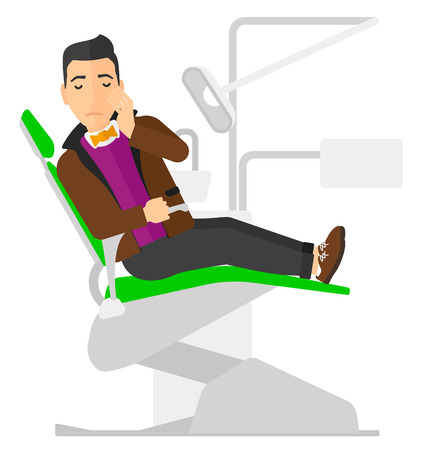 A patient sitting in dental chair and suffering from tooth pain vector flat design illustration isolated on white background. Square layout.のイラスト素材