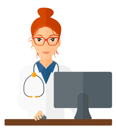 A pharmacist standing at the counter in front of computer monitor vector flat design illustration isolated on white background. Square layout.のイラスト素材