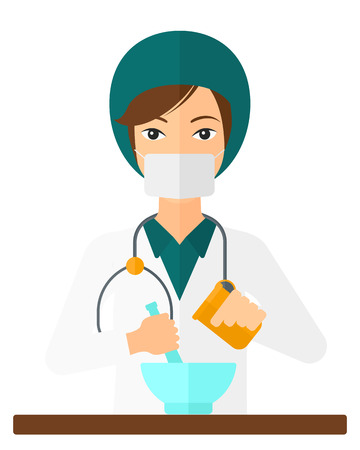 A pharmacist preparing medicine vector flat design illustration isolated on white background. Vertical layout.のイラスト素材