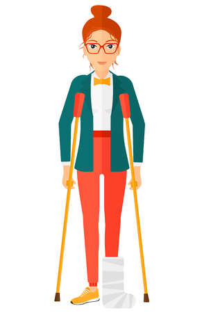 An injured woman with broken leg standing with crutches vector flat design illustration isolated on white background. Vertical layout.のイラスト素材