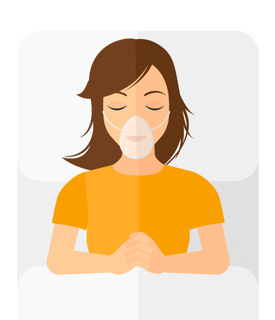 A patient lying in hospital bed with oxygen mask vector flat design illustration isolated on white background. Vertical layout.のイラスト素材