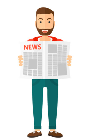 A happy reporter reading the newspaper with his article vector flat design illustration isolated on white background.のイラスト素材