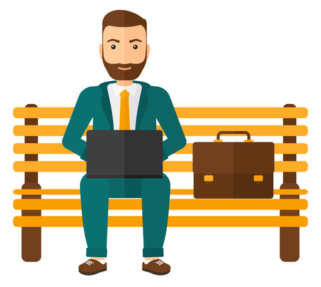 A hipster man sitting on a bench and working on a laptop vector flat design illustration isolated on white background. のイラスト素材