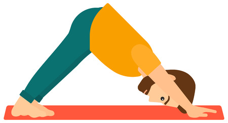 A man standing in yoga downward facing dog pose vector flat design illustration isolated on white...