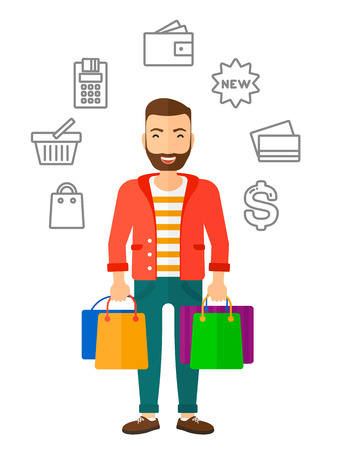 A hipster customer with bags and some shopping icons around him vector flat design illustration isolated on white background.のイラスト素材