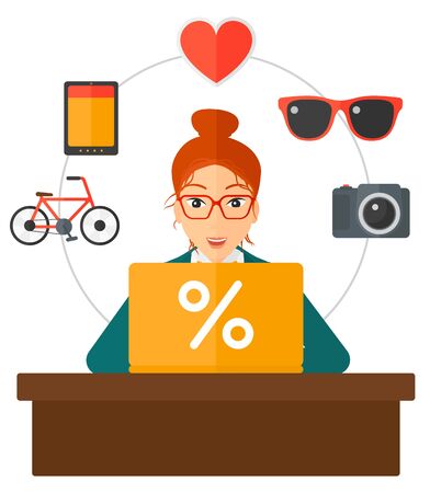 A woman sitting in front of laptop with some icons of goods around her vector flat design illustration isolated on white background.のイラスト素材