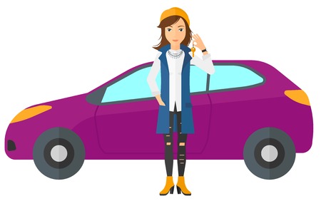 A woman standing near her new car and holding a key vector flat design illustration isolated on white background.のイラスト素材