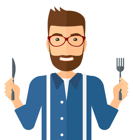 Hungry man with fork and knife raised vector flat design illustration isolated on white background. Square layout.のイラスト素材