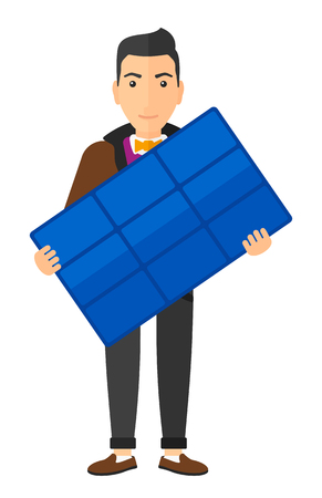 Man holding a solar panel in hands vector flat design illustration isolated on white background. Vertical layout.のイラスト素材