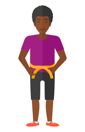 A happy african-american man measuring his waistline with a tape vector flat design illustration isolated on white background.のイラスト素材